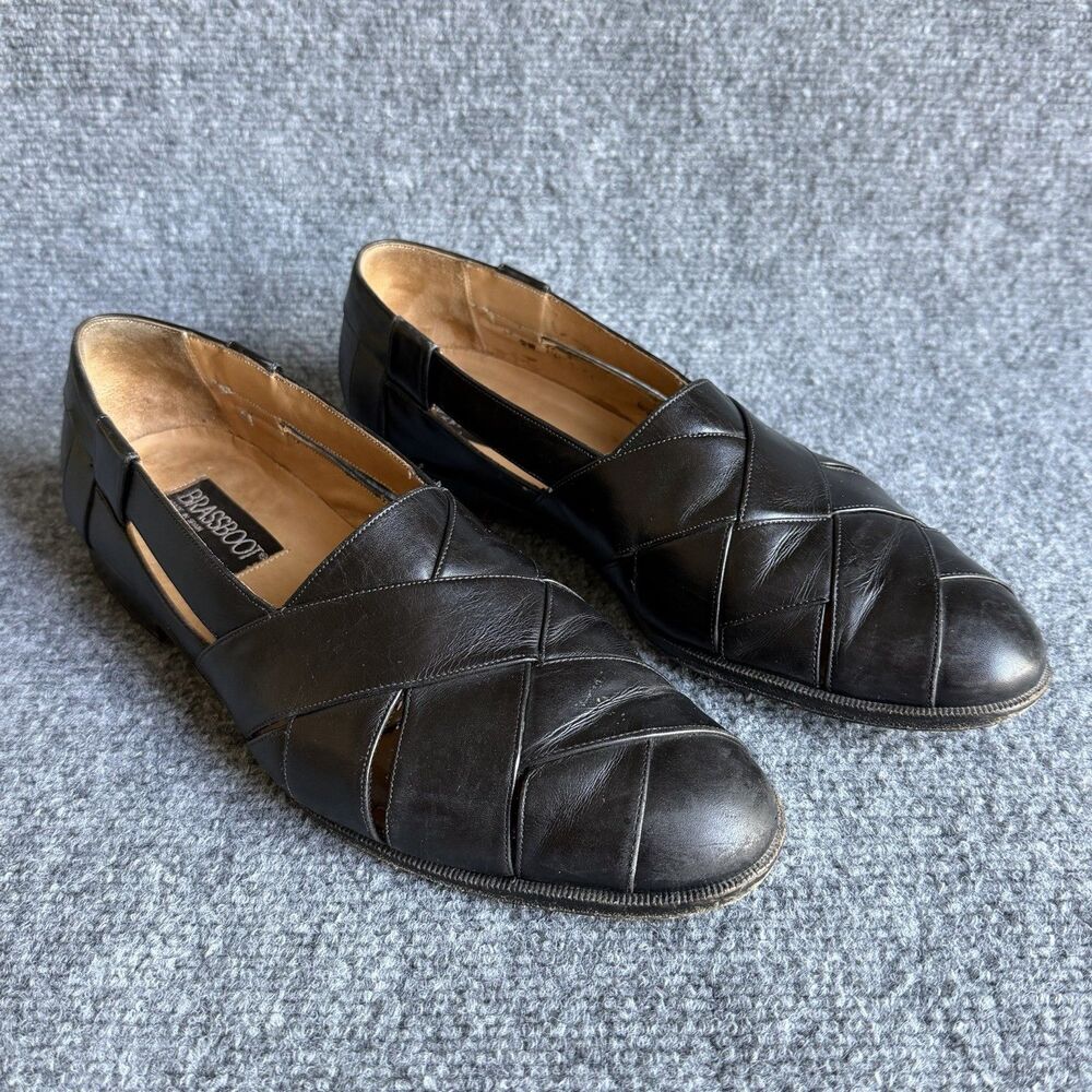 Brassboot Made in Spain Fisherman Shoes Mens 10 M Black Leather Woven Slip On - Picture 2 of 15